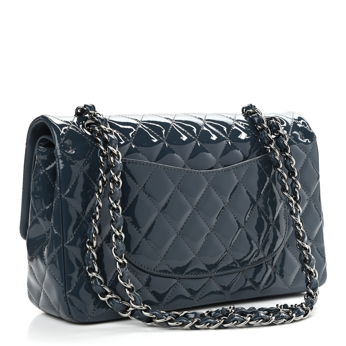 Patent Quilted Medium Double Flap Navy Blue