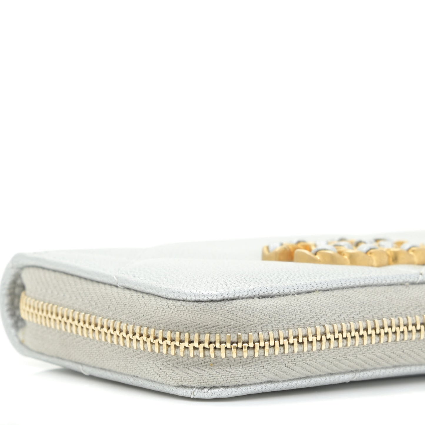 Metallic Lambskin Quilted 19 Zip Around Coin Purse Wallet Silver