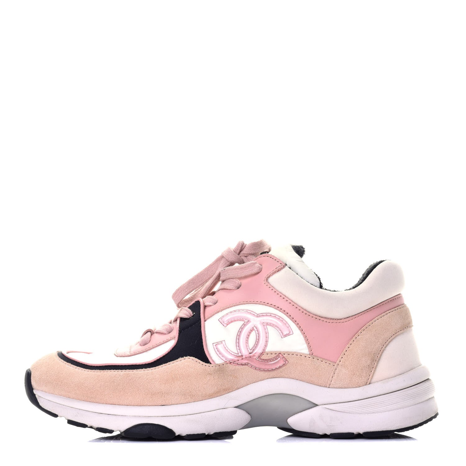 Chanel Nylon Lambskin Suede Calfskin CC Sneakers 38 Pink White Black 1 of 8