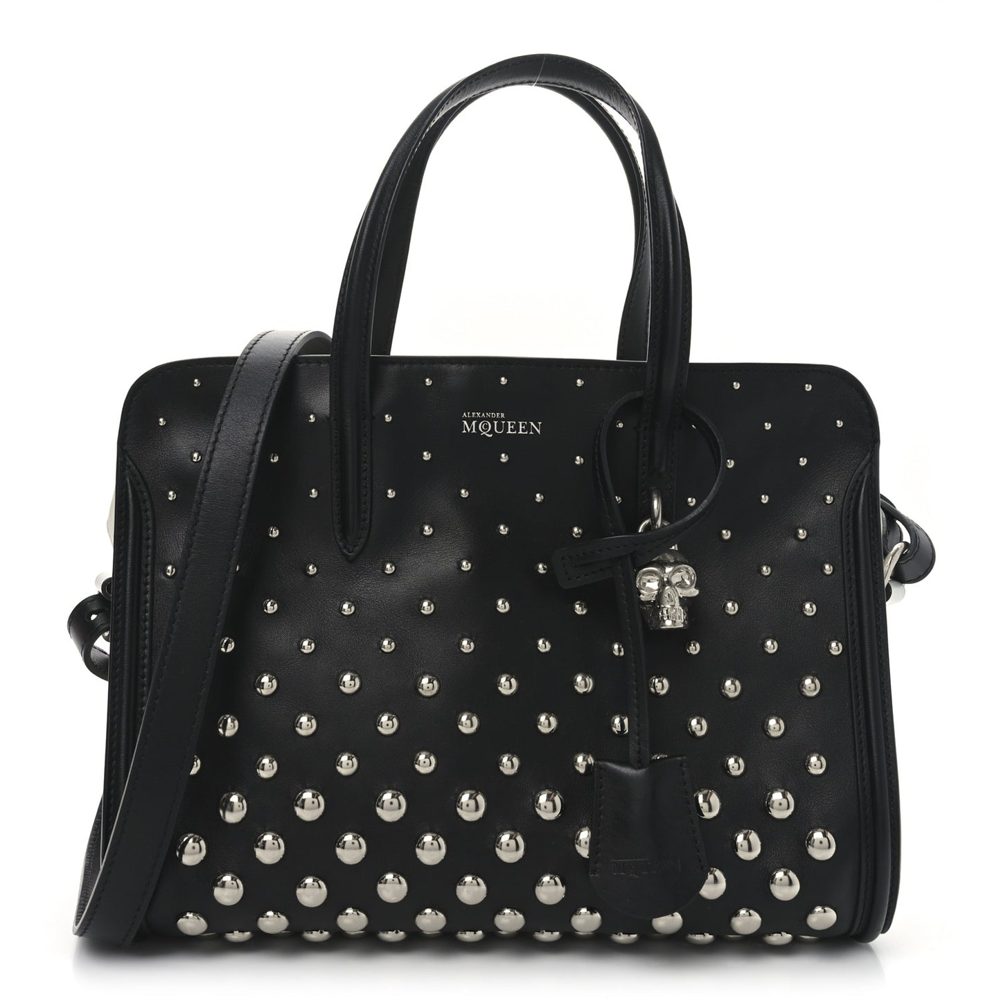 Calfskin Small Studded Padlock Zip Around Tote Black White