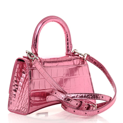 Balenciaga Metallic Shiny Calfskin Crocodile Embossed Hourglass Top Handle Bag XS Pink 3 of 10