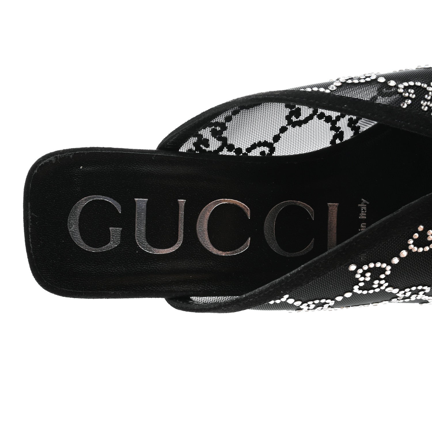 Gucci Tela Retino Kid Scamosciato Crystal GG Monogram Square G 95mm Slide Sandals 38.5 Black 6 of 8