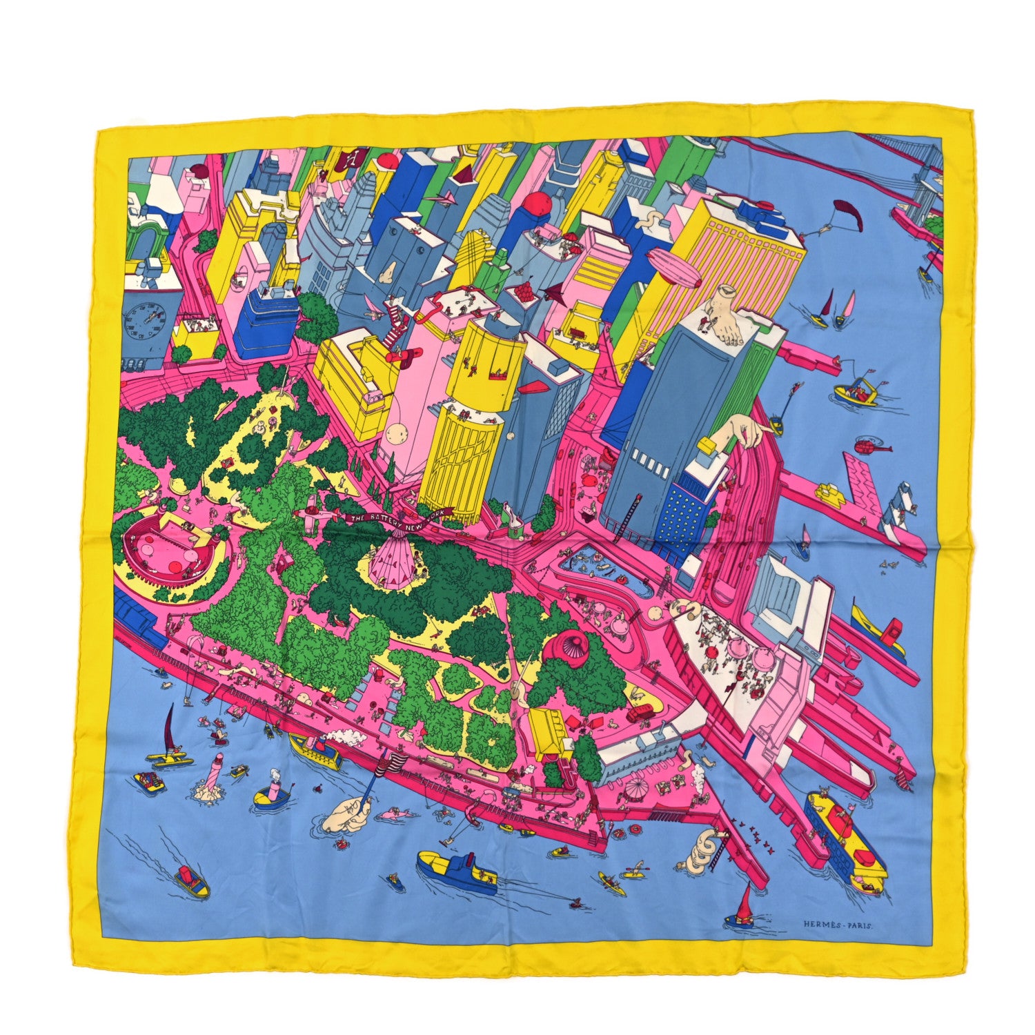 Hermes Silk The Battery New York Scarf 90 Jaune Vif Bleu Clair 1 of 3