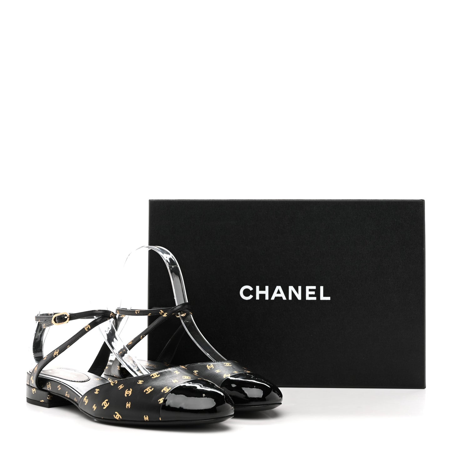 Printed Lambskin Patent Calfskin CC Slingback Flats 38.5 Black Gold