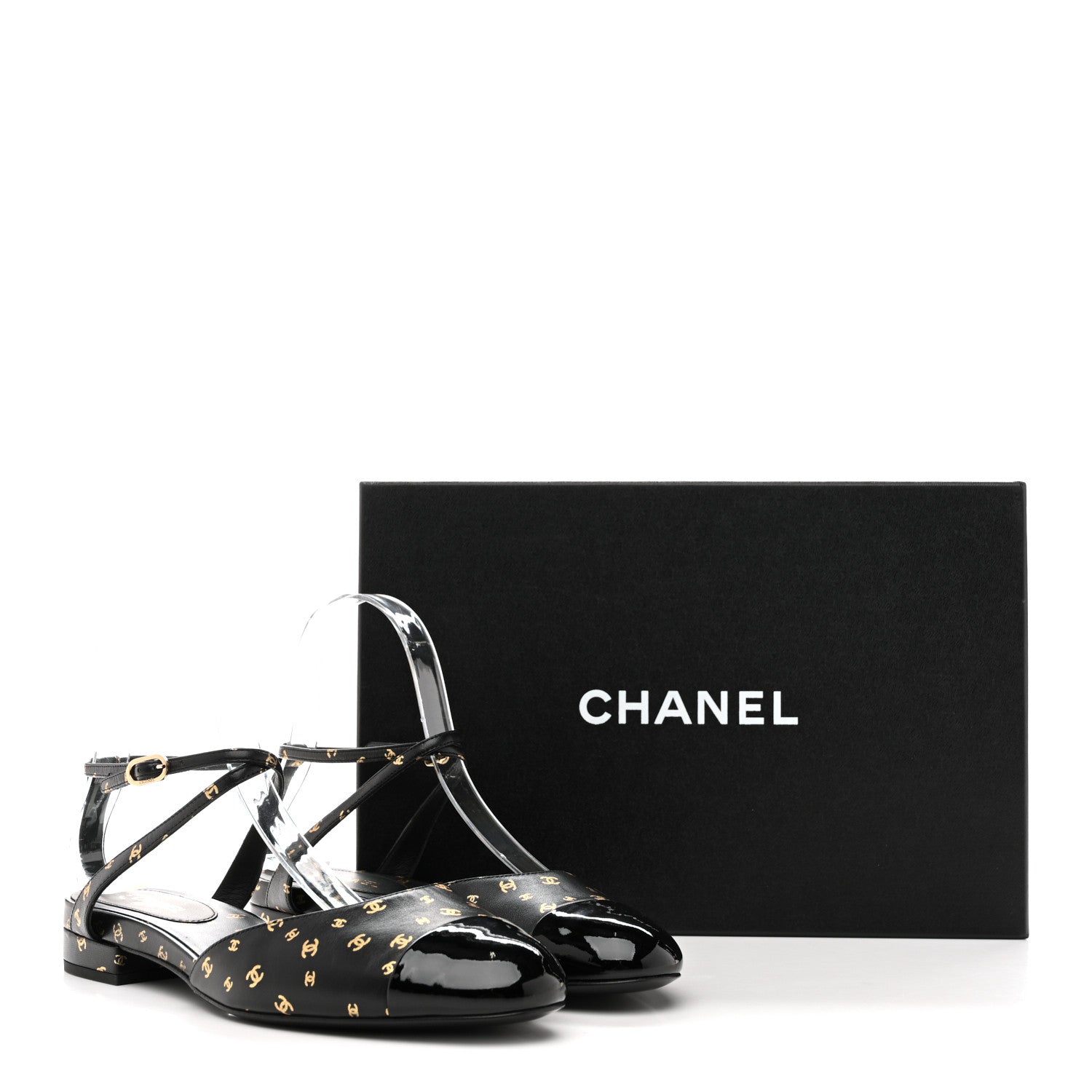 Chanel Printed Lambskin Patent Calfskin CC Slingback Flats 38.5 Black Gold 10 of 10