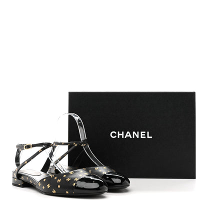 Chanel Printed Lambskin Patent Calfskin CC Slingback Flats 38.5 Black Gold 10 of 10