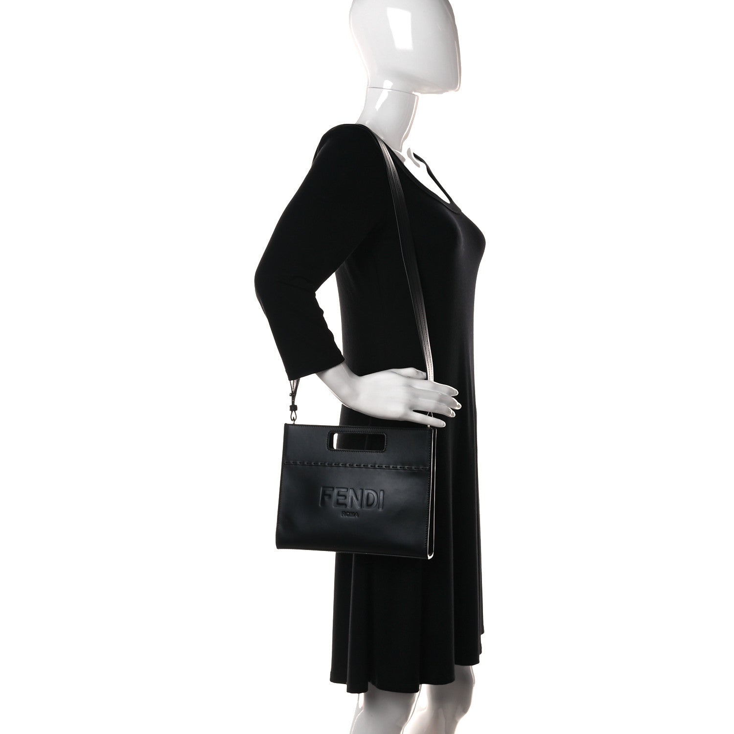Fendi Vitello King Logo Embossed Mini East West Shopper Black 2 of 11