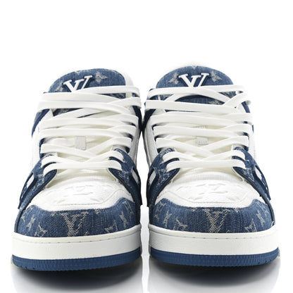 Louis Vuitton Calfskin Embossed Monogram Denim Mens LV Trainer Sneakers 12 Blue 2 of 8