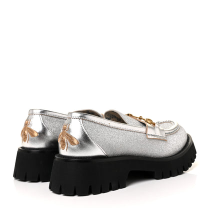 Gucci Mini Diamond Storm Silk Calfskin Womens Harald Horsebit 25mm Platform Loafers 38 Silver 4 of 11