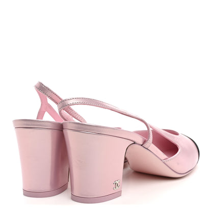 Chanel Laminated Lambskin Patent Cap Toe CC Slingback Pumps 39.5 Light Pink Black 4 of 9