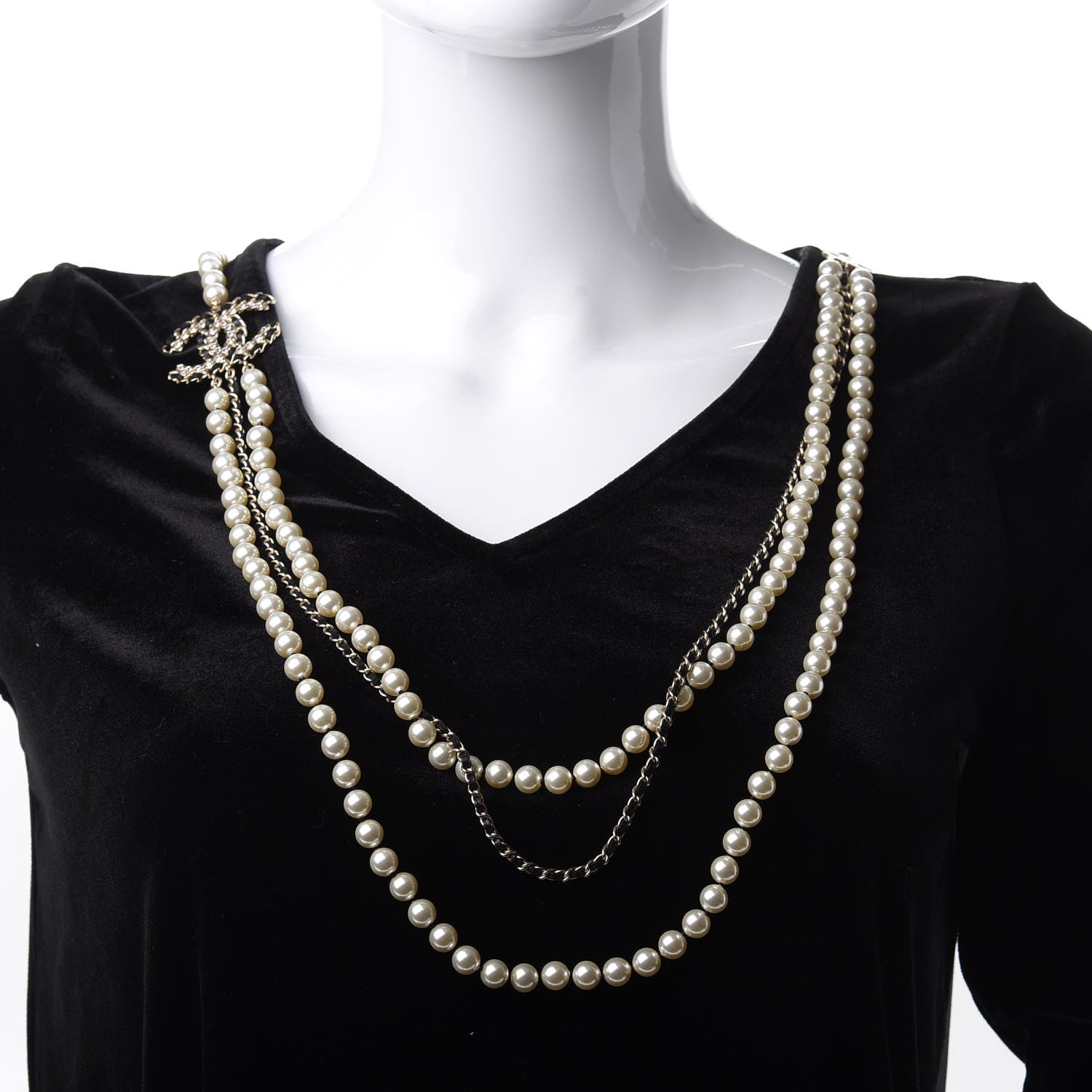 Chanel Lambskin Pearl Crystal CC Chain Necklace Black Gold 2 of 5
