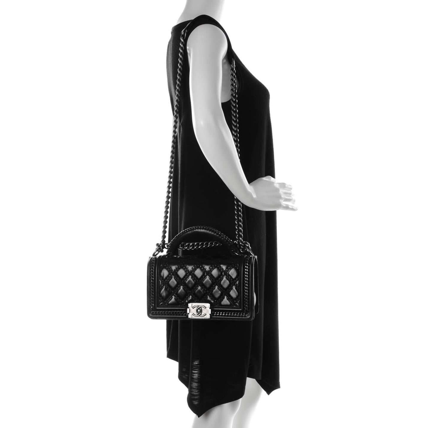 Calfskin Quilted Medium Boy Top Handle Flap Black
