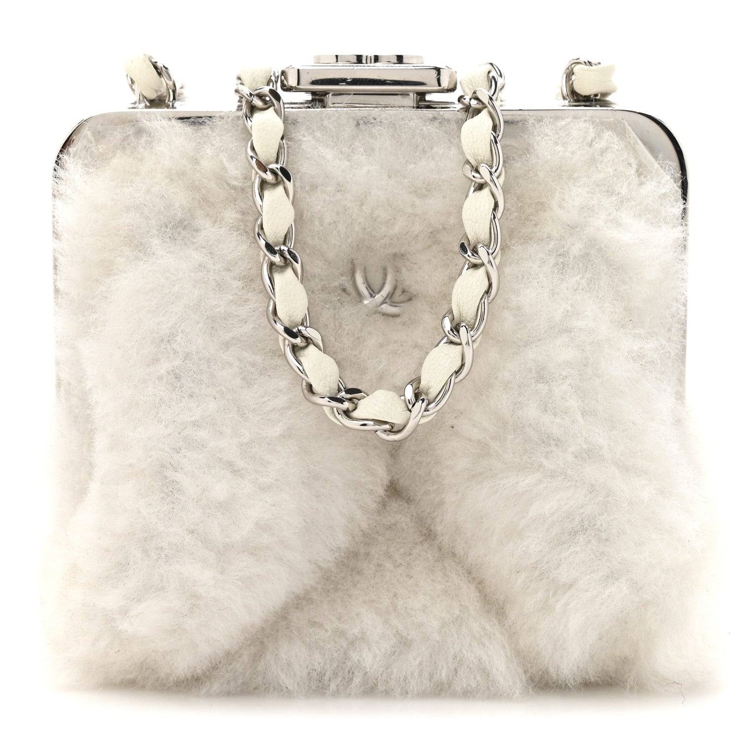 Chanel Shearling Sheepskin Lambskin Quilted Clutch With Chain White 1 of 11
