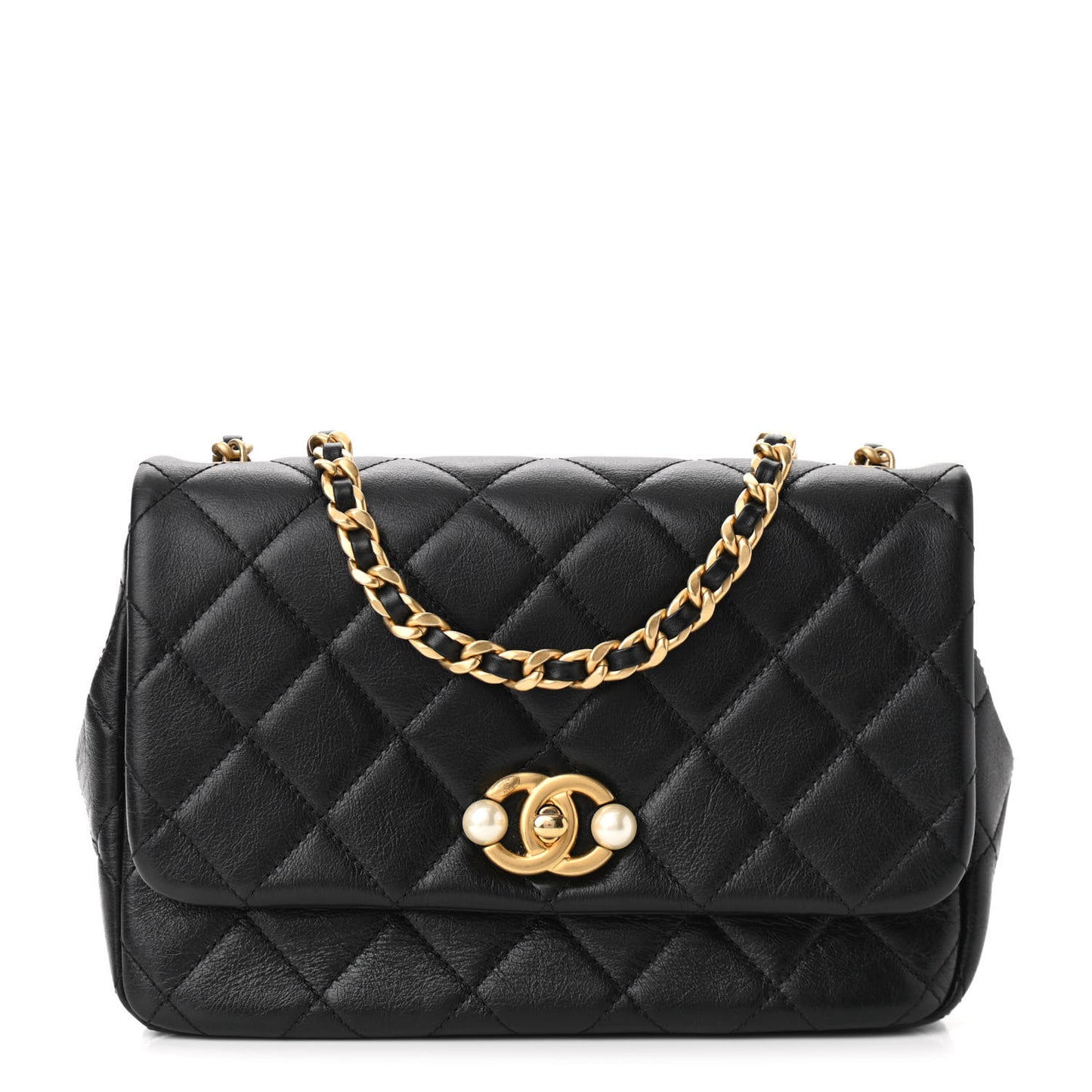 Glazed Calfskin Quilted Pearl Side Flap Black
