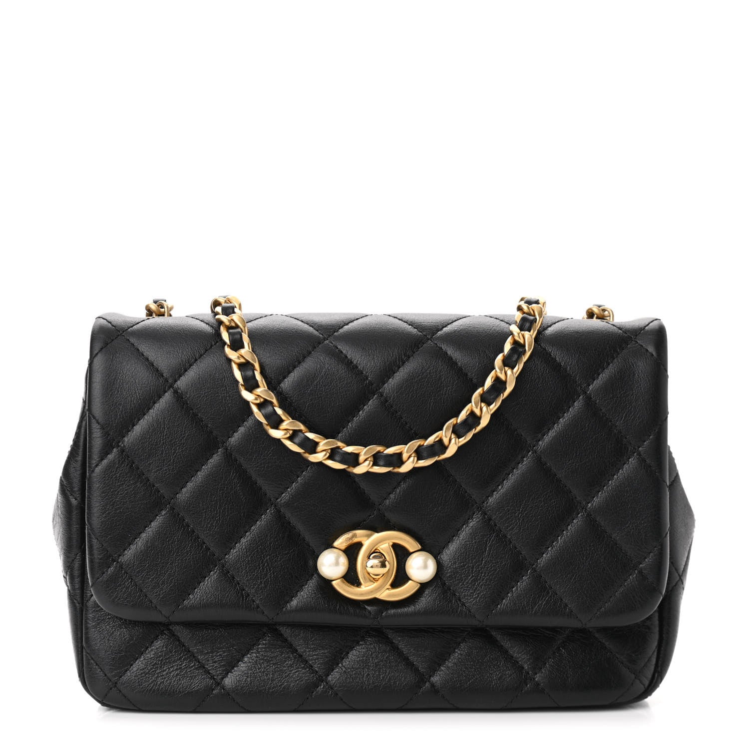 Chanel Glazed Calfskin Quilted Pearl Side Flap Black 1 of 10