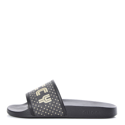 Gucci X SEGA Supreme Canvas GUCCY Stars Mens Slide Sandals 8 Black Gold 1 of 10