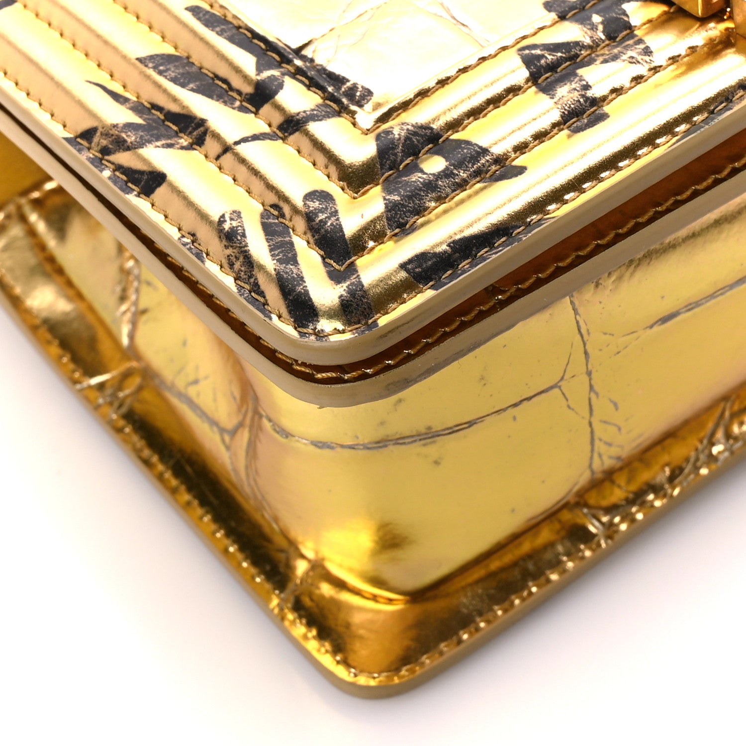 Chanel Metallic Calfskin Crocodile Embossed Graffiti Medium Cocodile Boy Flap Gold 9 of 11
