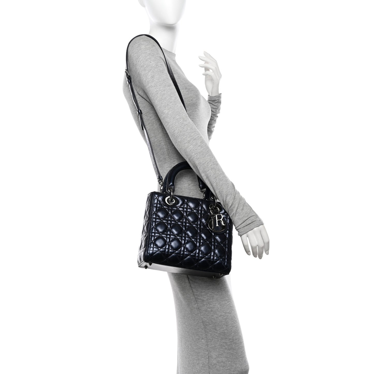 Metallic Lambskin Cannage Medium Lady Dior Navy Blue