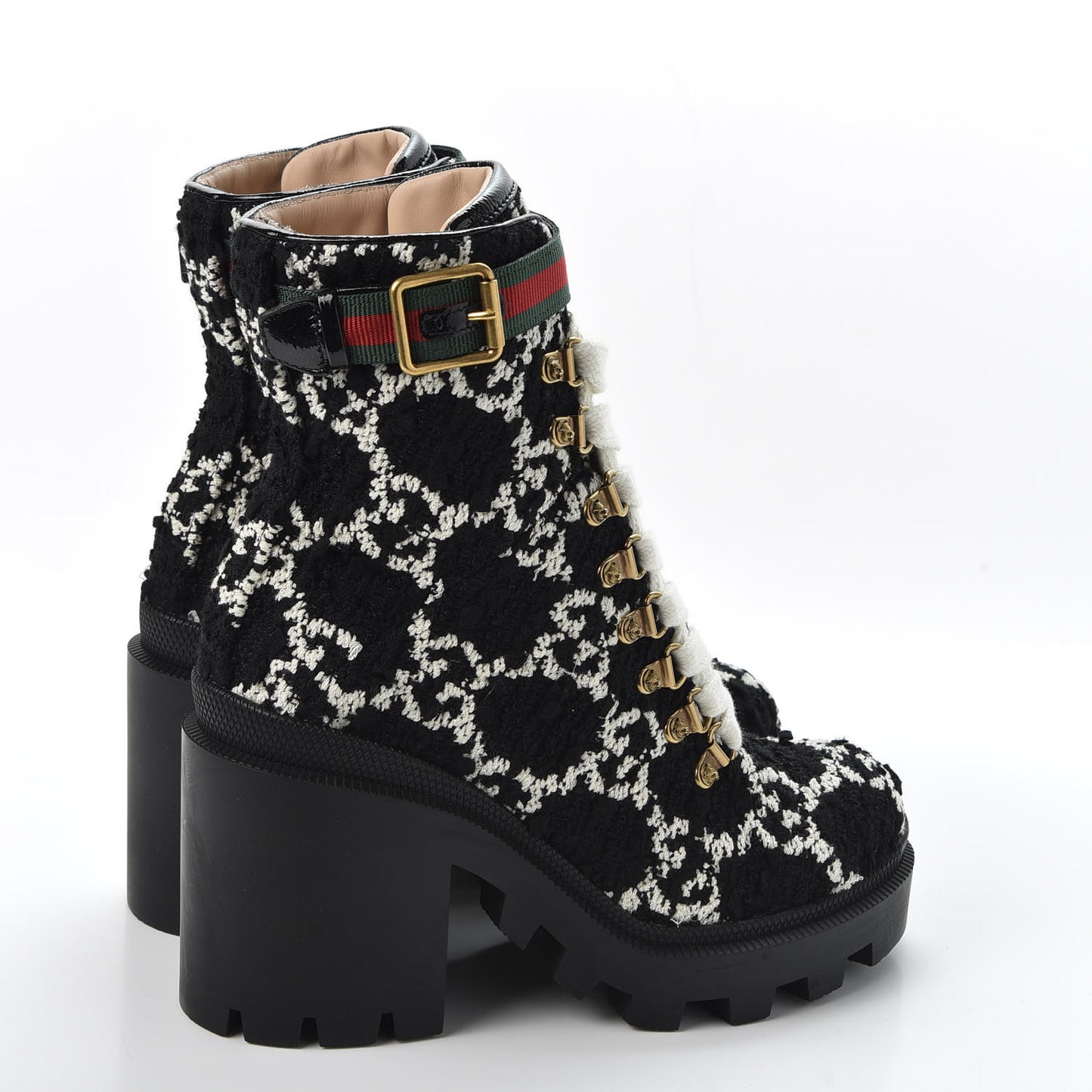 Tweed GG Monogram Lace Up Combat Ankle Boots 35.5 Black