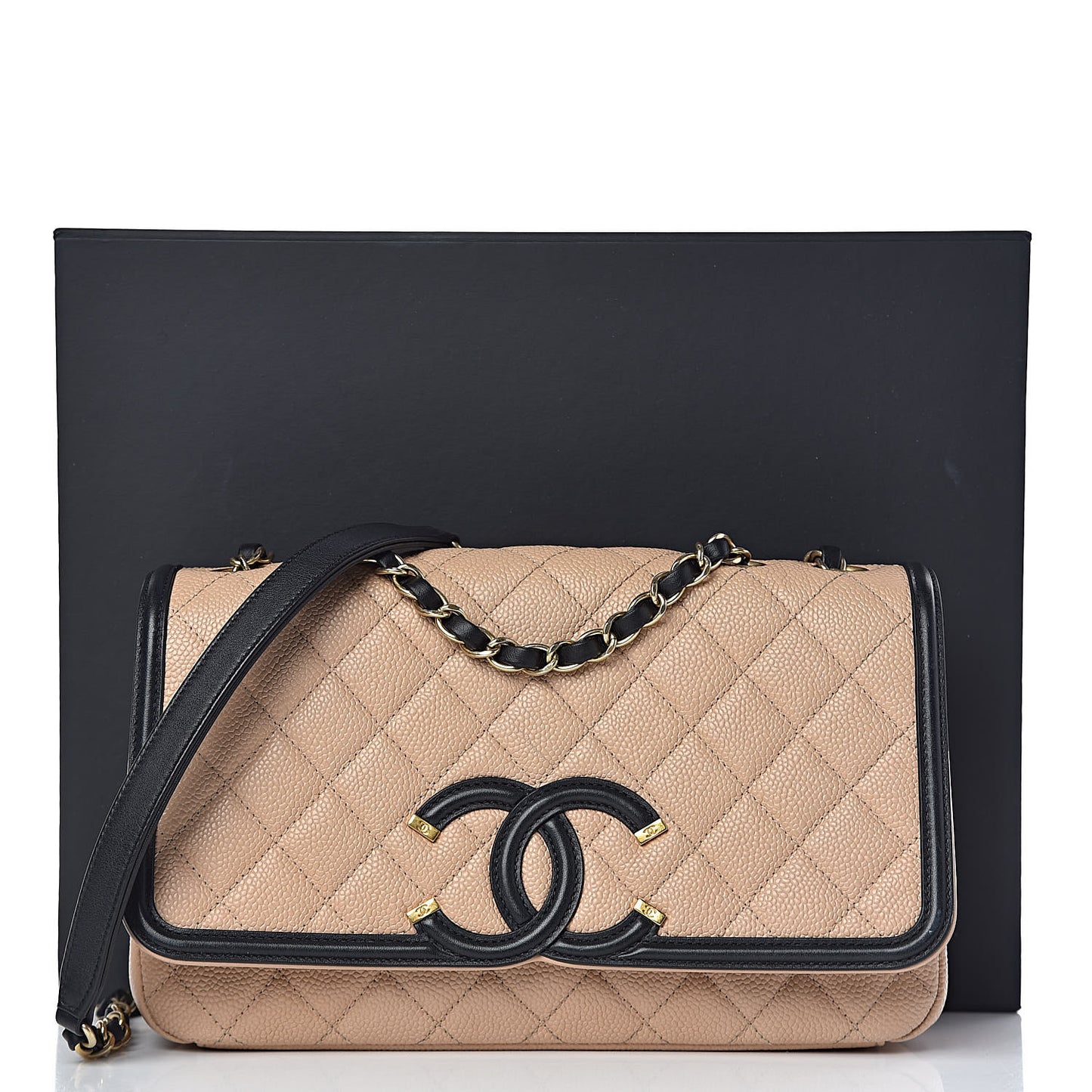Caviar Quilted Medium CC Filigree Flap Beige Black