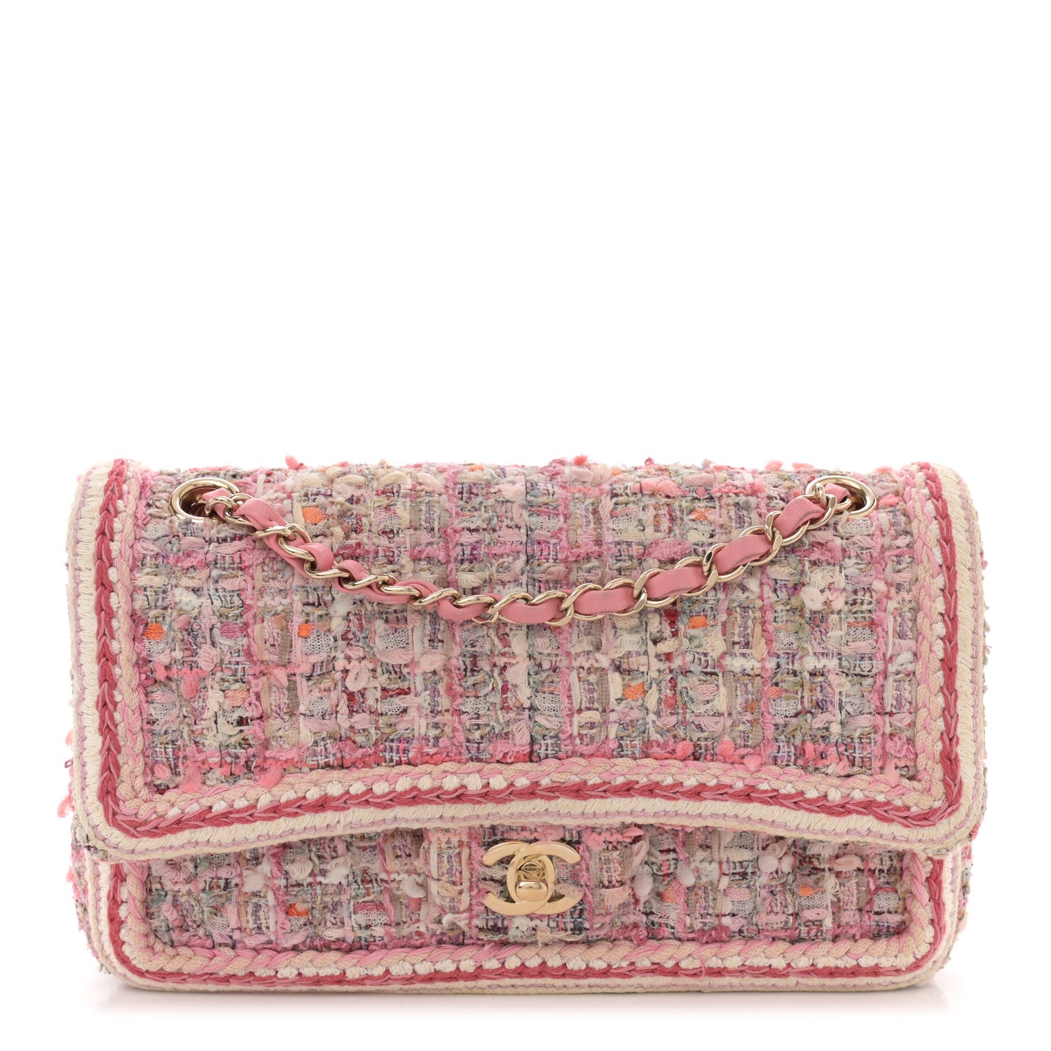 Chanel Tweed Braided Medium Flap Pink Beige Orange Ecru 1 of 12