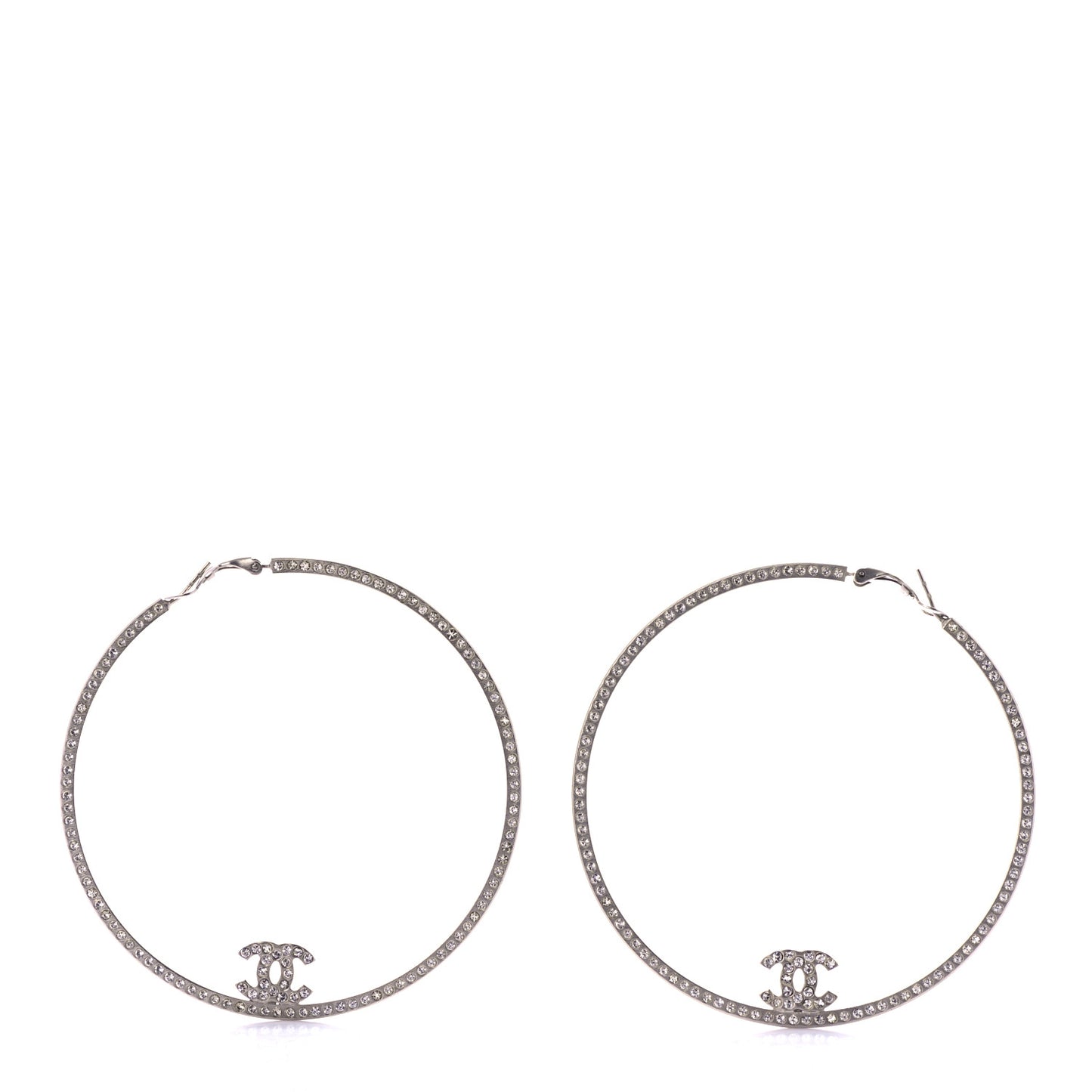 Metal Crystal Baguette CC Large Hoop Earrings Silver