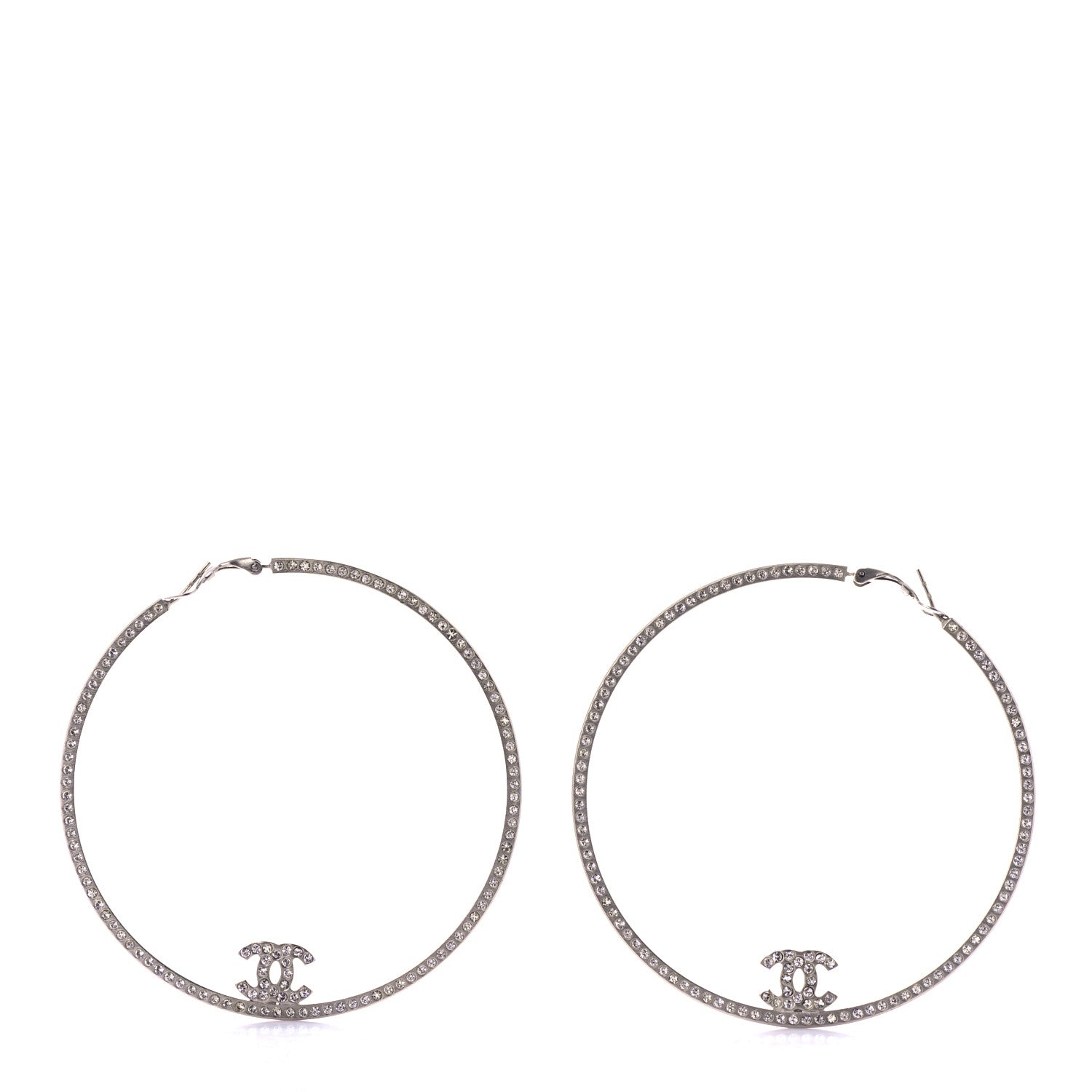 Chanel Metal Crystal Baguette CC Large Hoop Earrings Silver 1 of 4