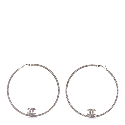 Chanel Metal Crystal Baguette CC Large Hoop Earrings Silver 1 of 4