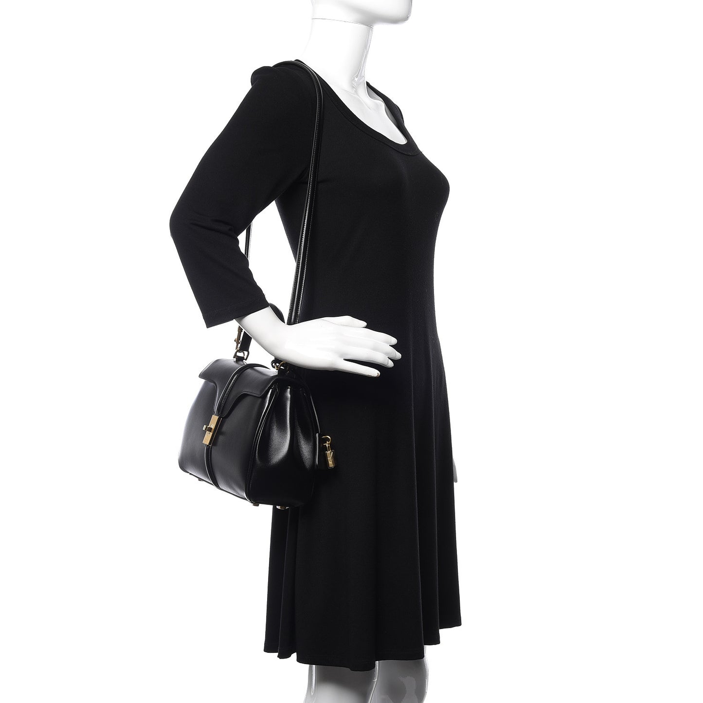 Satinated Calfskin Small 16 Top Handle Bag Black