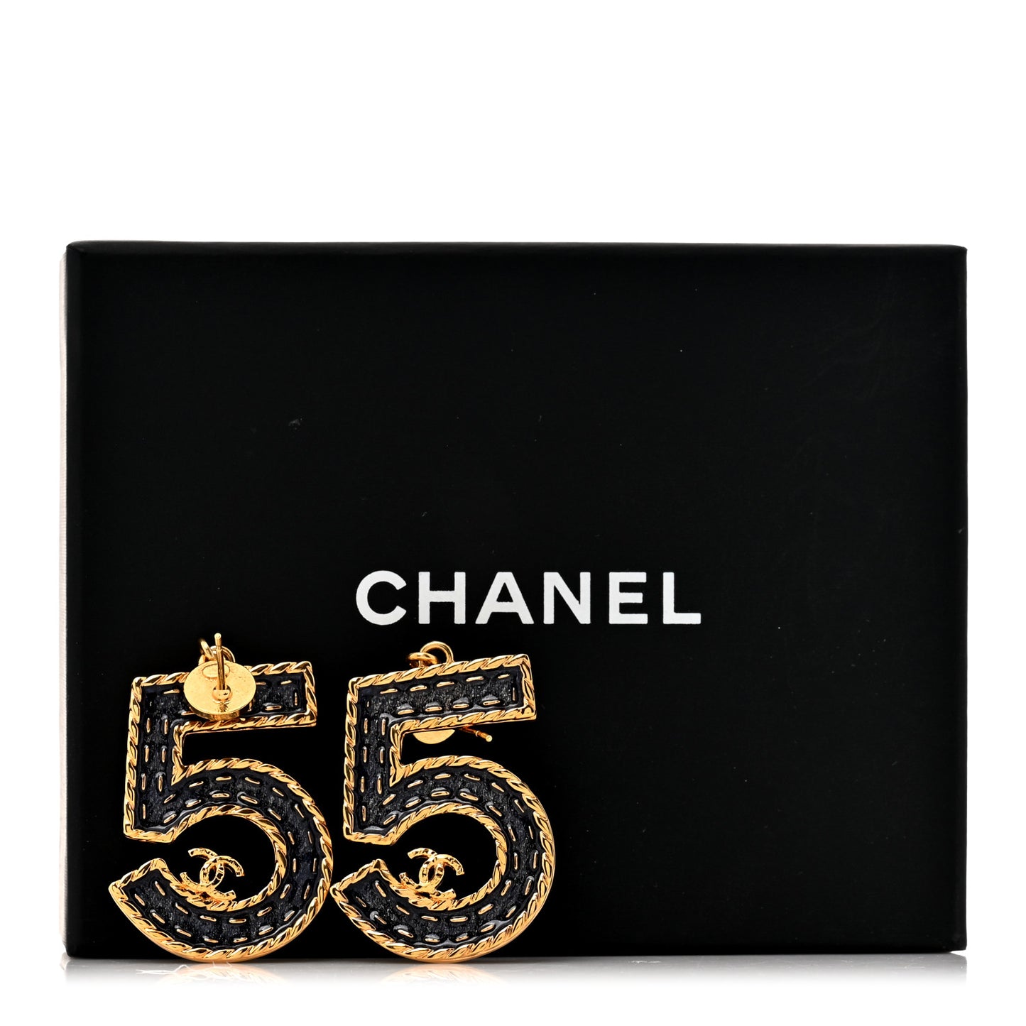 Metal Enamel CC No 5 Rope Drop Earrings Gold Denim Blue