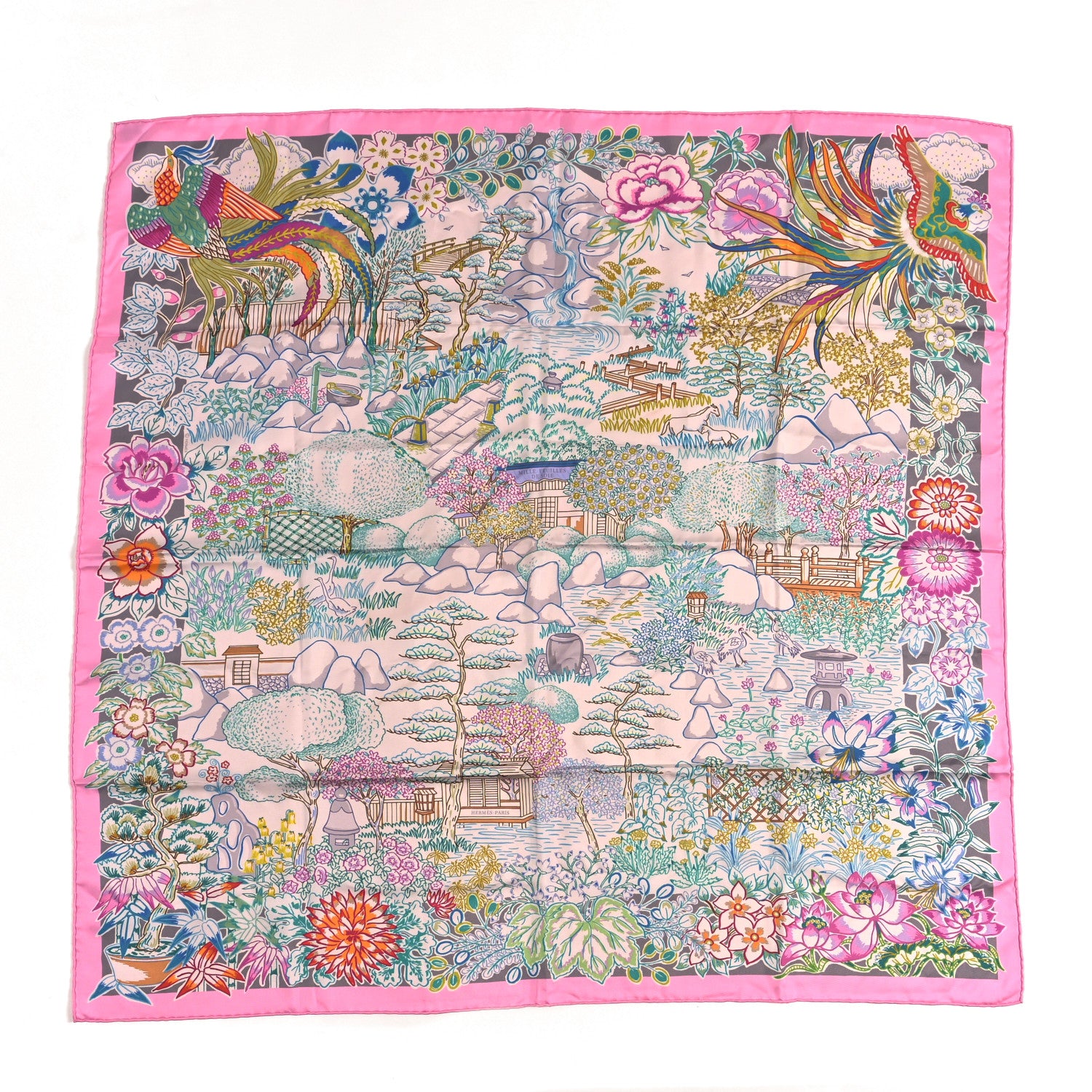 Hermes Silk Double Face Mille Feuilles Scarf 90 Rose Turquoise Multicolore 1 of 5