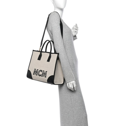 MCM Calfskin Linen Large Munchen Tote Black 2 of 12