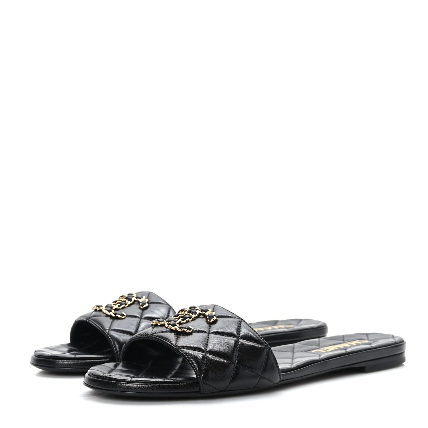 Shiny Goatskin Quilted CC Mules Sandals 40.5 Black