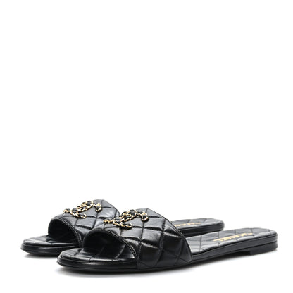 Chanel Shiny Goatskin Quilted CC Mules Sandals 40.5 Black 3 of 8