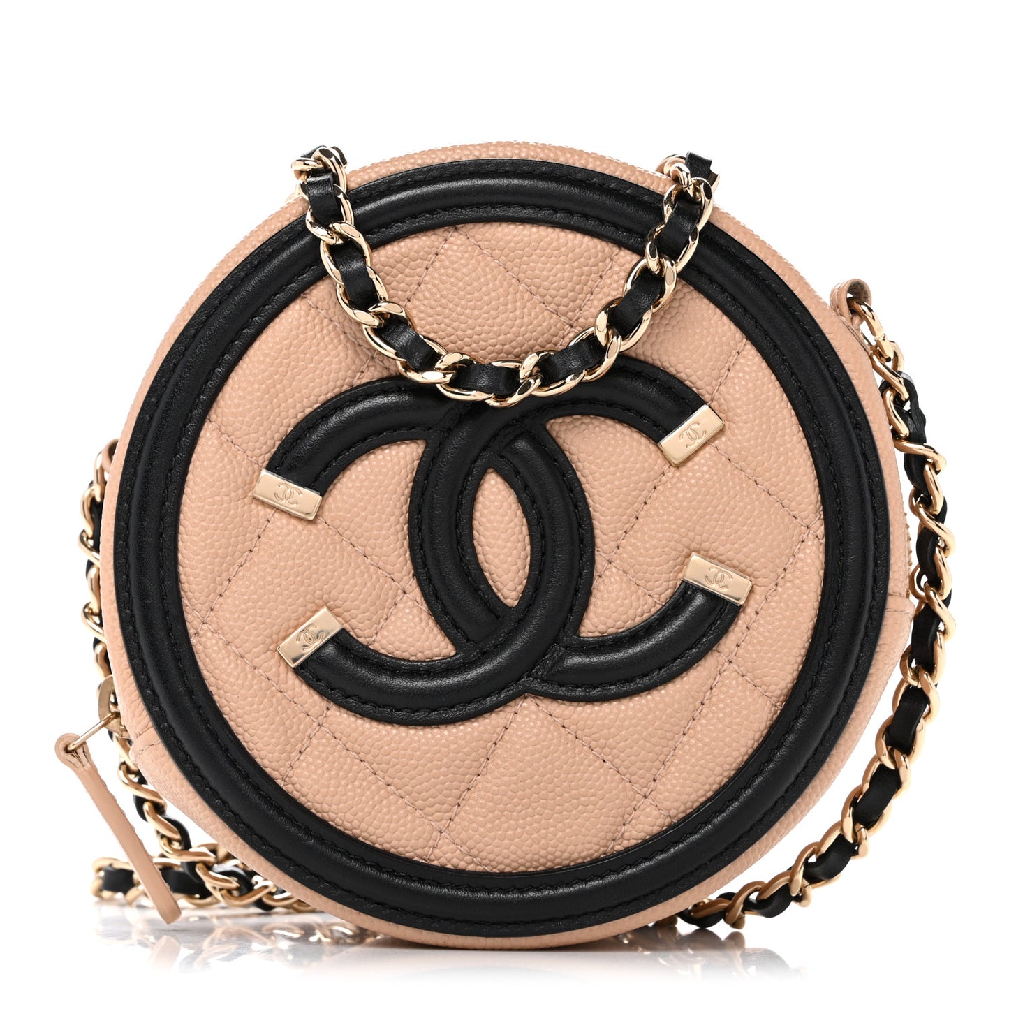 Caviar Quilted Round Filigree Crossbody Beige Black