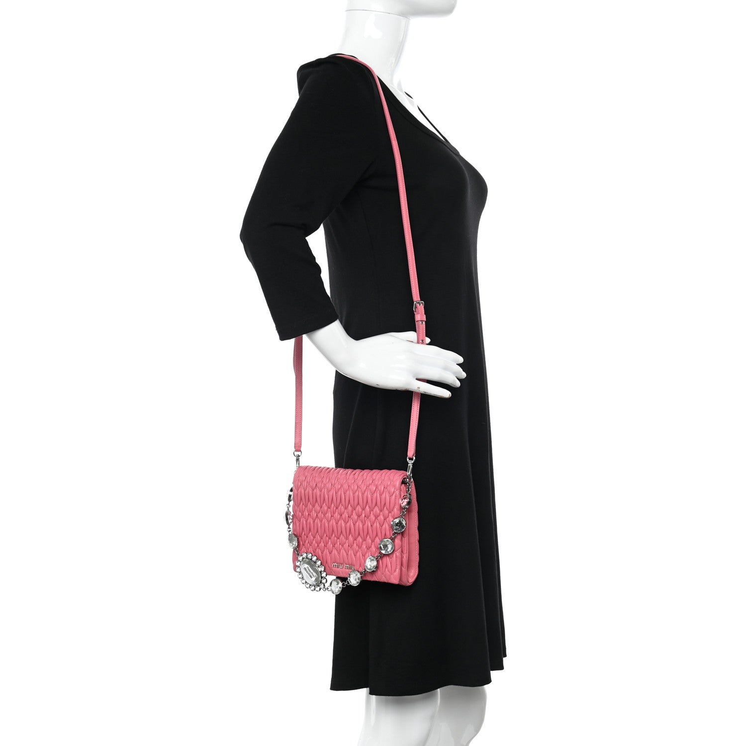 Miu Miu Nappa Matelasse Crystal Chain Crossbody Geranio 2 of 9