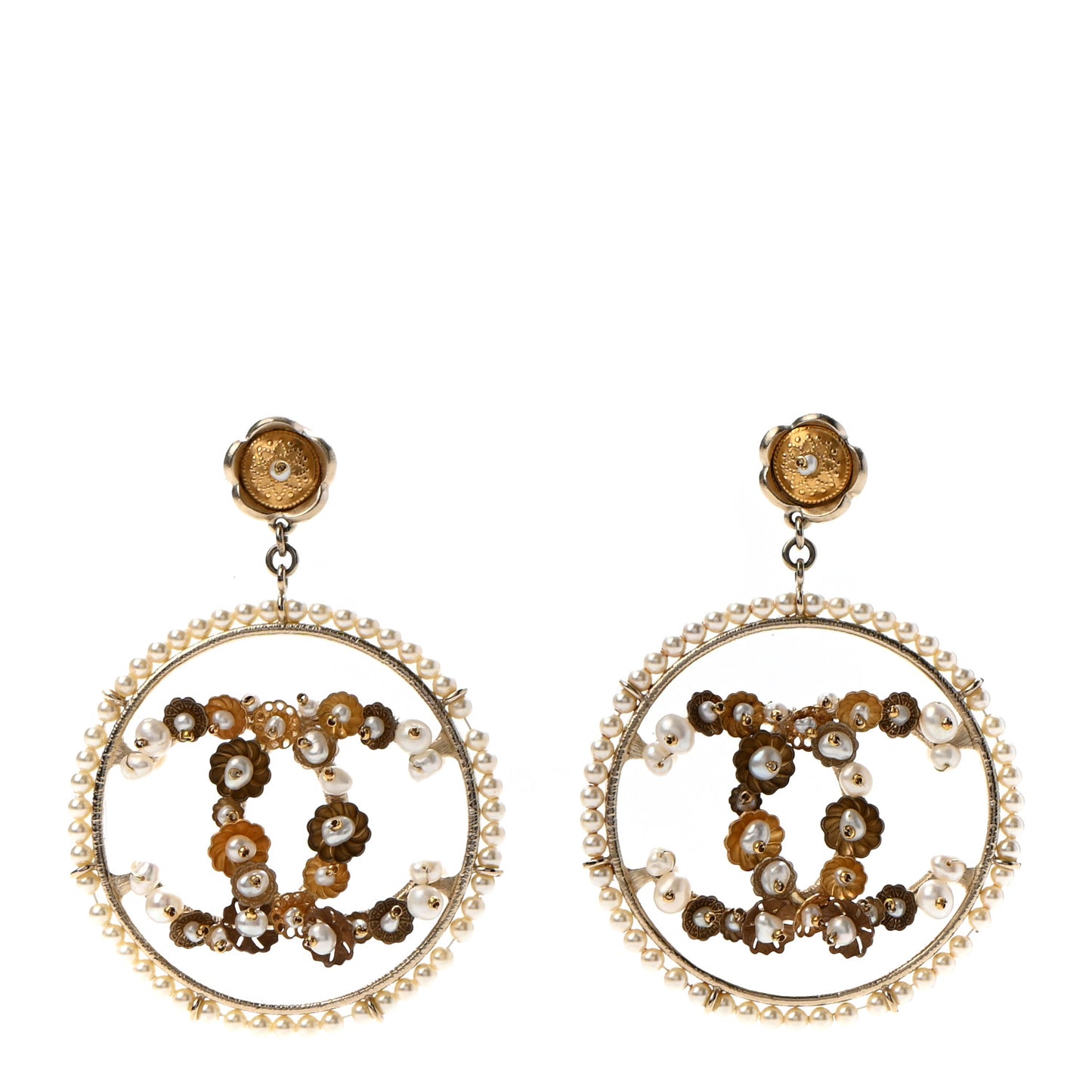 Pearl CC Drop Hoop Earrings Light Gold