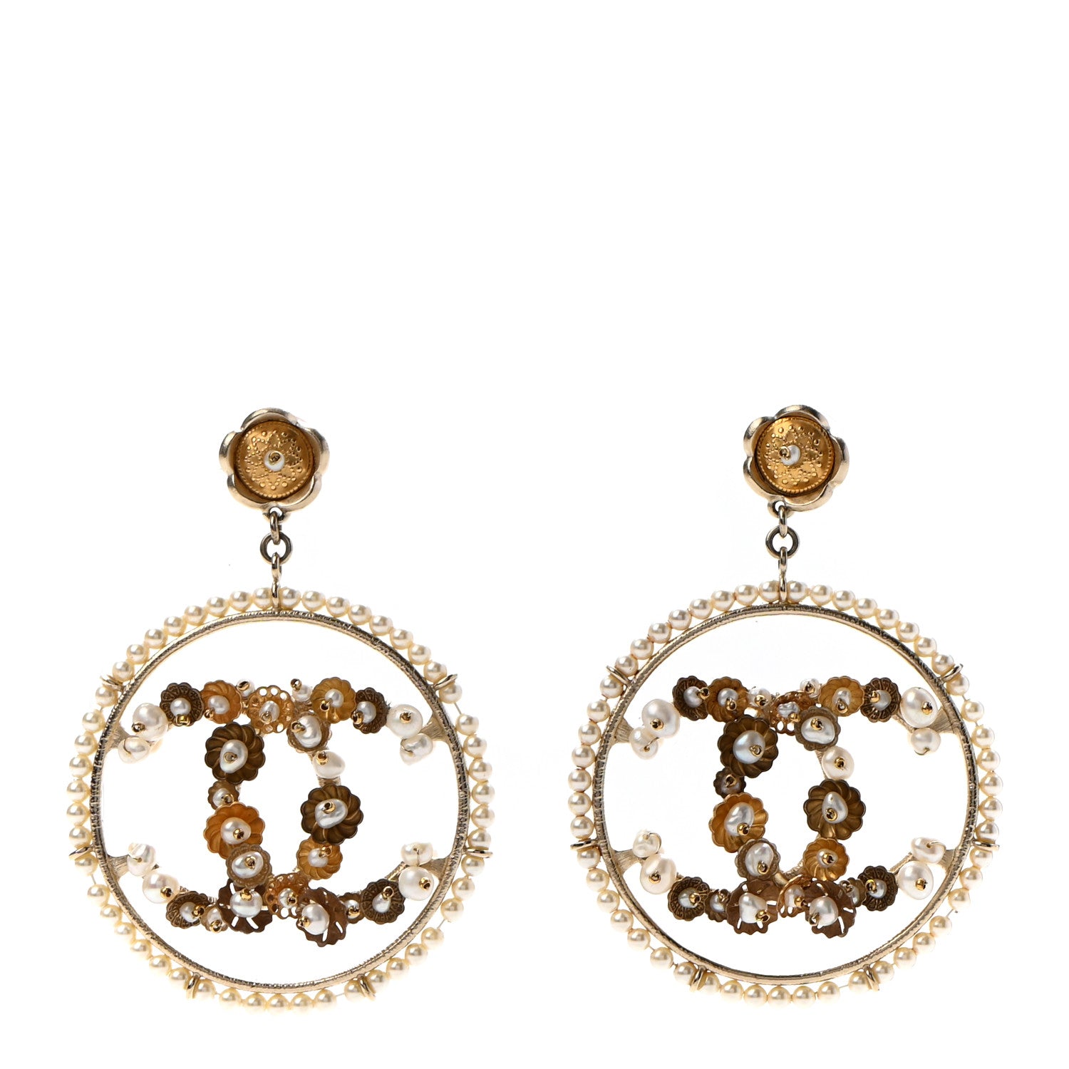 Chanel Pearl CC Drop Hoop Earrings Light Gold 1 of 4