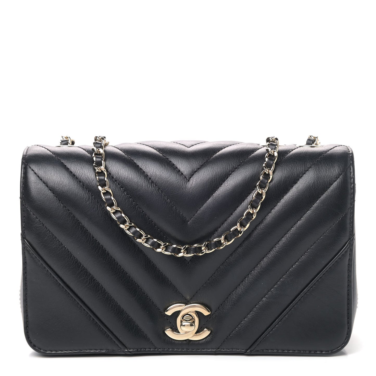 Calfskin Chevron Quilted Mini Statement Flap Black