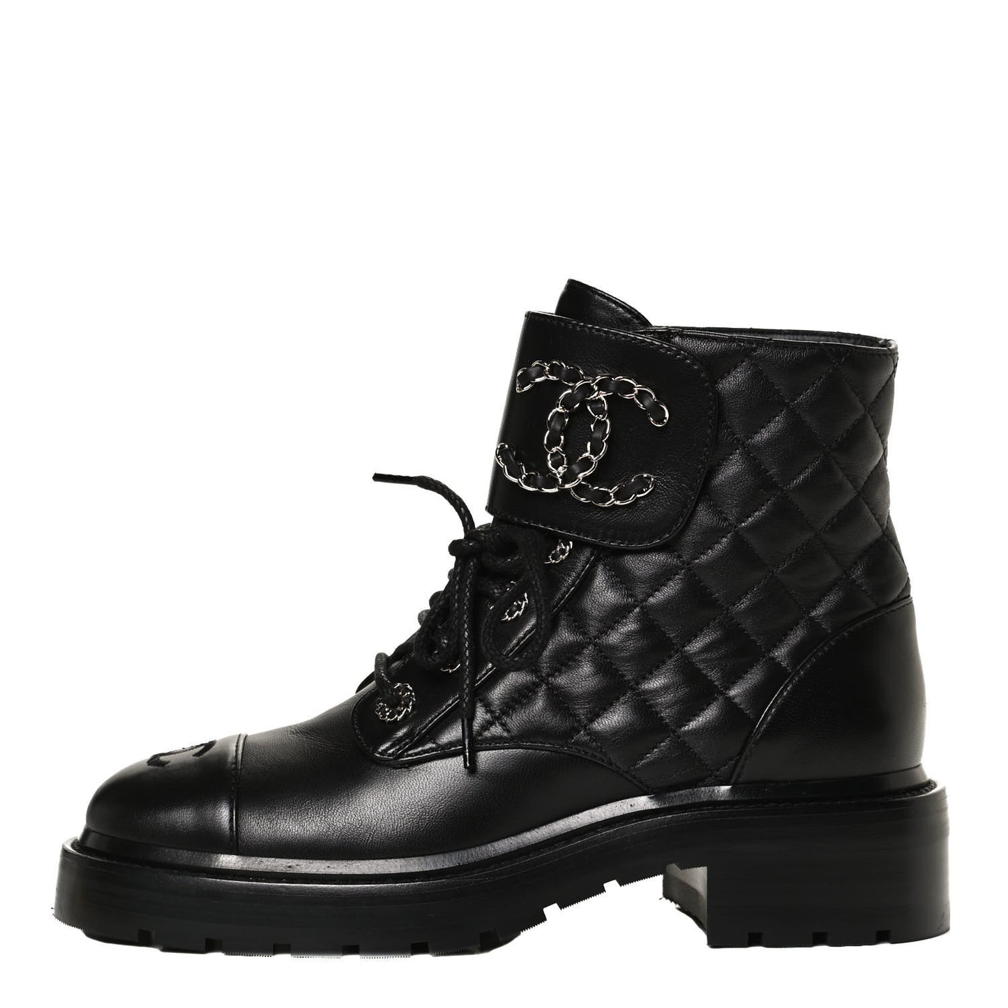 Shiny Lambskin Quilted Lace Up Combat Boots 37 Black