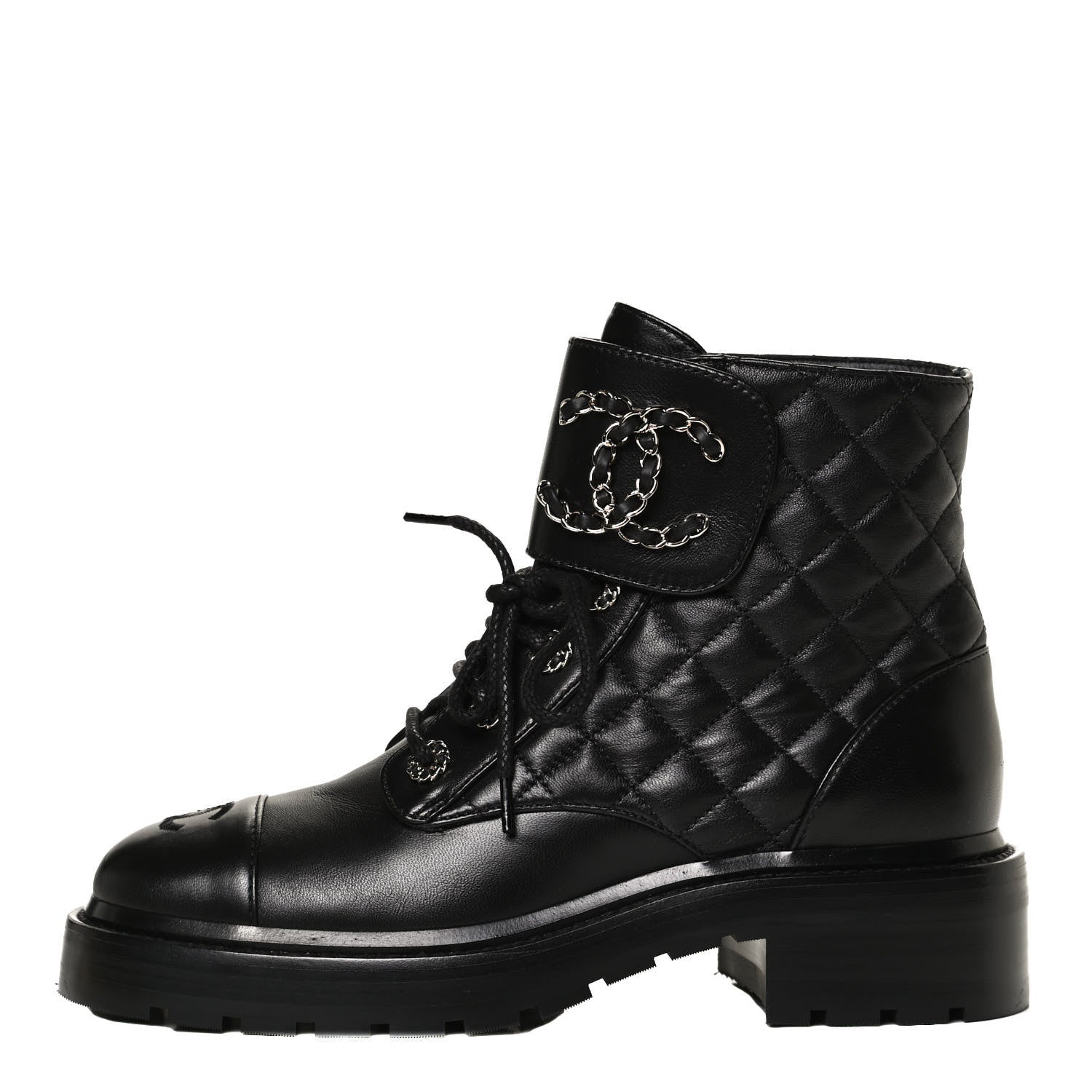 Chanel Shiny Lambskin Quilted Lace Up Combat Boots 37 Black 1 of 12
