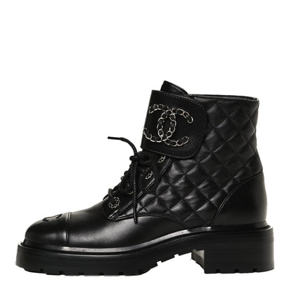 Chanel Shiny Lambskin Quilted Lace Up Combat Boots 37 Black 1 of 12