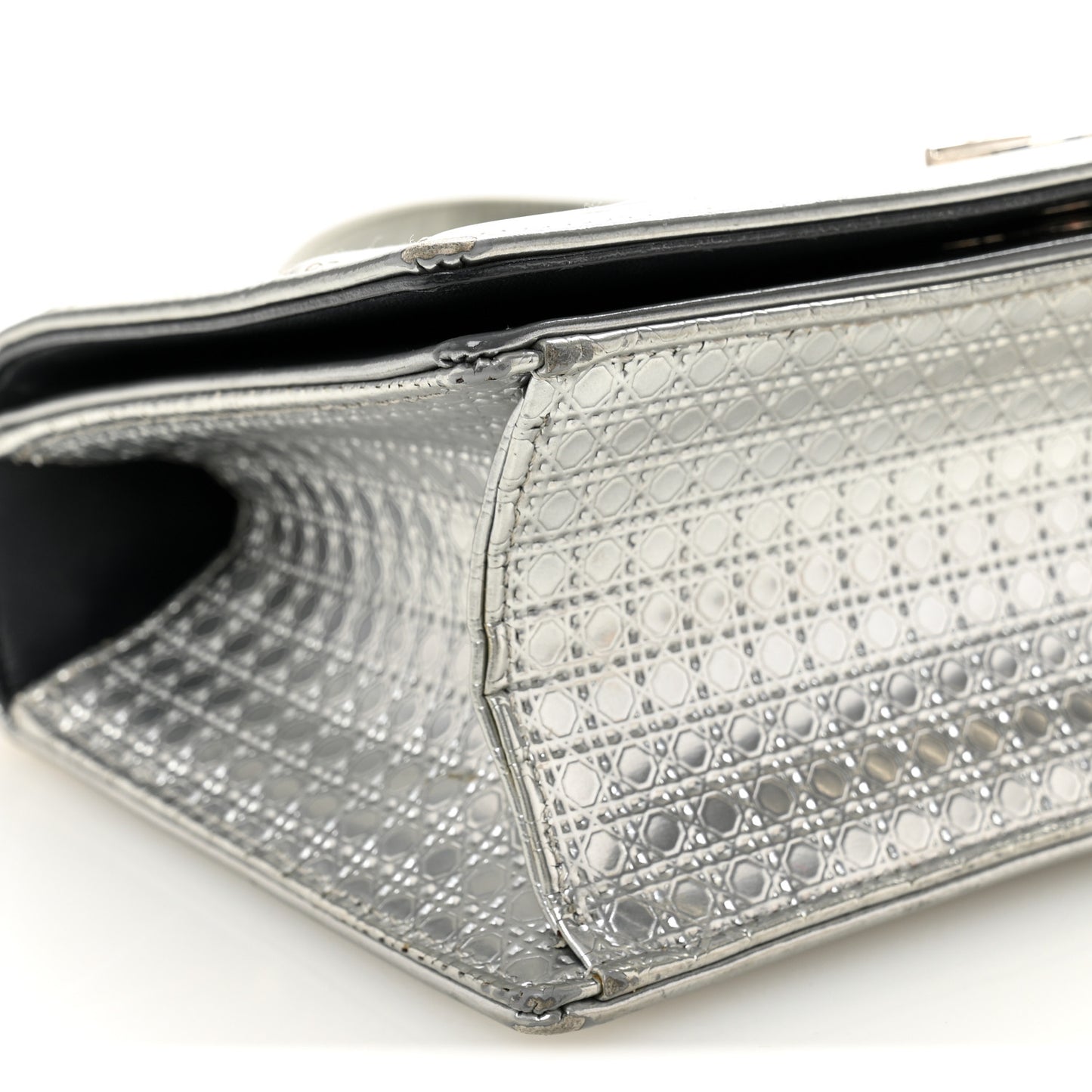 Metallic Patent Micro-Cannage Small Diorama Flap Bag Silver