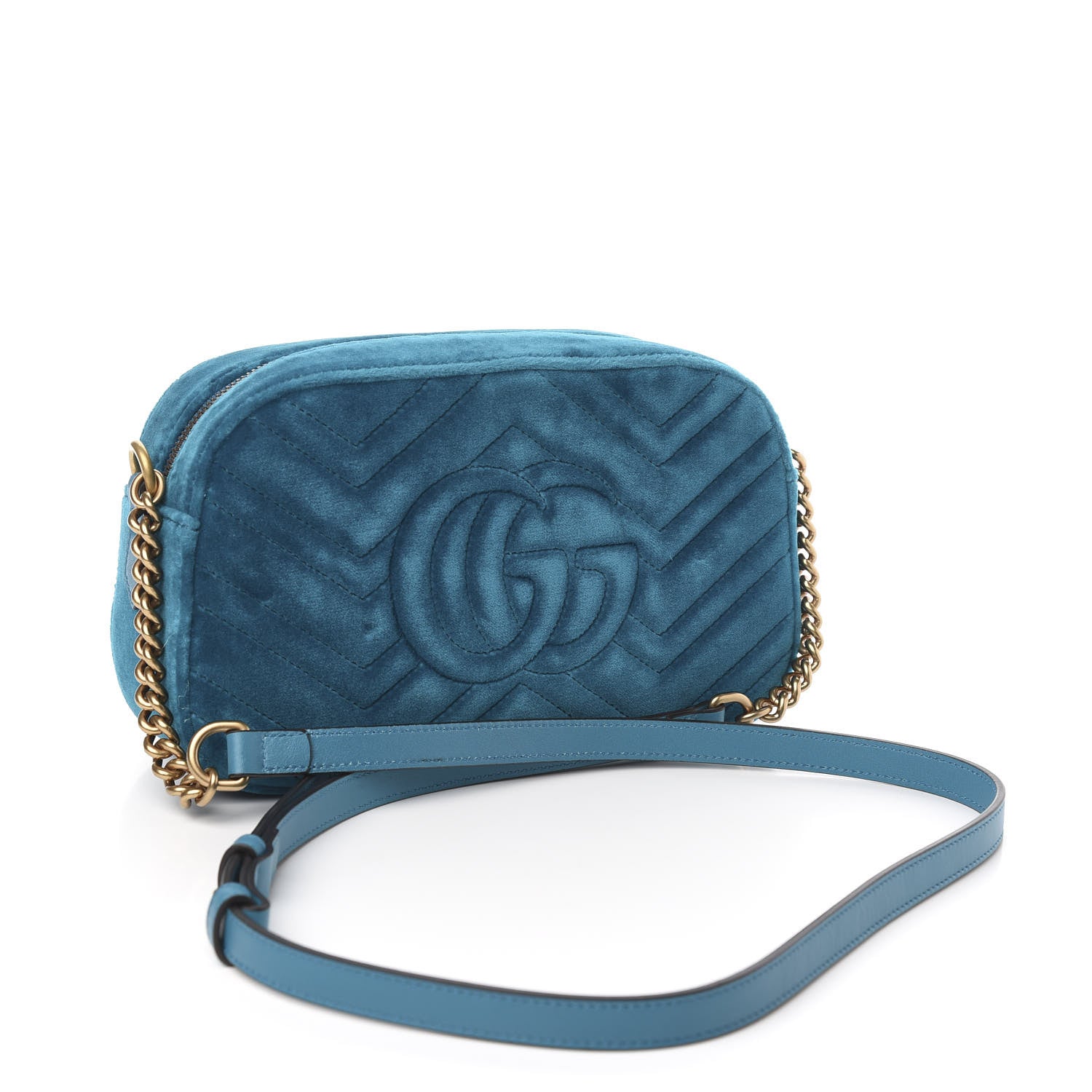Gucci Velvet Matelasse Small GG Marmont Chain Shoulder Bag Pavone Cyan 3 of 10