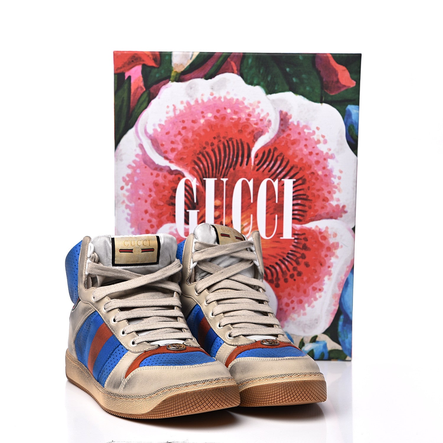 Gucci Nubuck Web Mens Screener High Top Sneakers 9 Dusty Milk Bright Splash 11 of 11