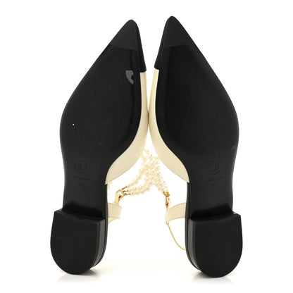 Chanel Lambskin Grosgrain Cap Toe Pearl Slingback 37 Ivory Black 6 of 10