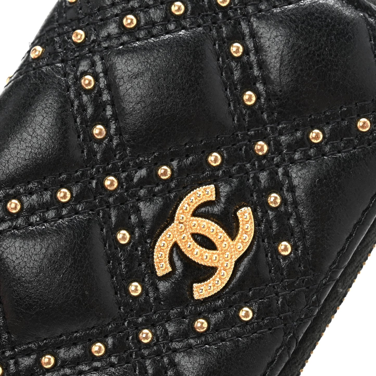 Lambskin Studded Quilted Compact Zip Around Wallet Black