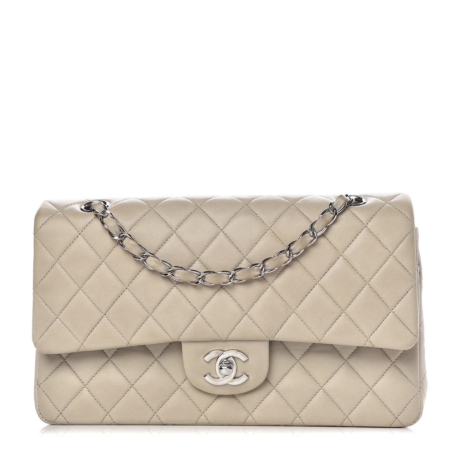 Lambskin Quilted Medium Double Flap Light Grey