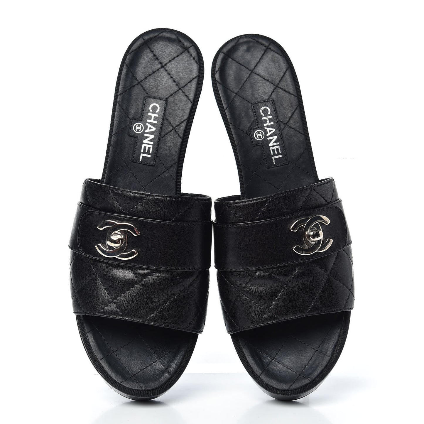 Lambskin Quilted Wooden Mules 38.5 Black