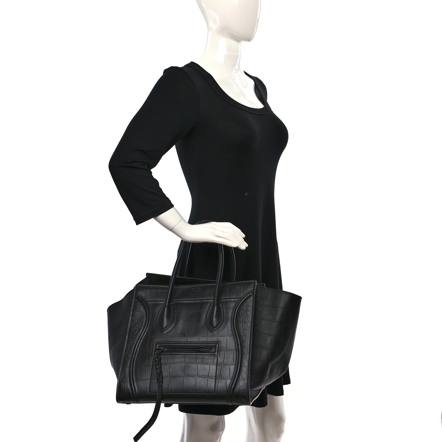 Celine Crocodile Embossed Calfskin Medium Phantom Luggage Black 2 of 8